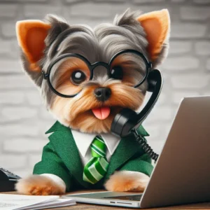 Mascota de APP INFORMATICA San Pascual atendiendo por teléfono